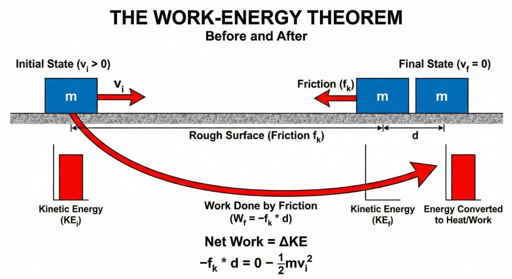 Work-Energy Theorem: block sliding to a stop on a rough surface, initial and final kinetic energy, work done by friction.